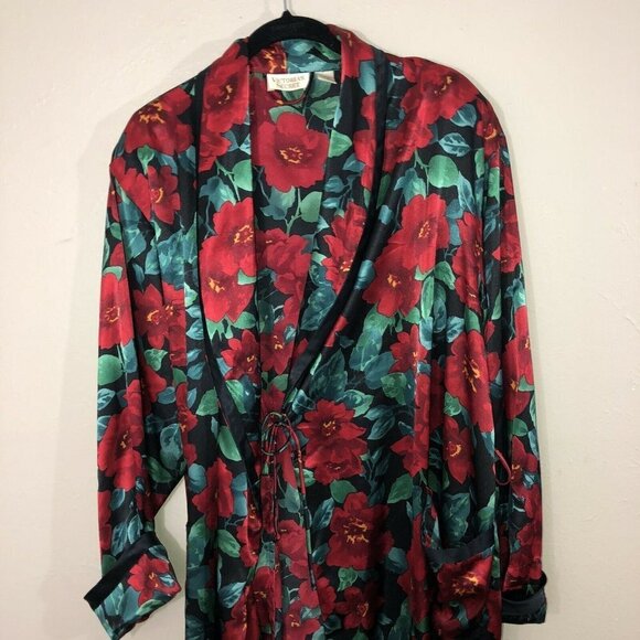 Vintage VICTORIA’S SECRET Long Robe Black Vibrant Red Flowers Satin Sz S - Picture 3 of 11